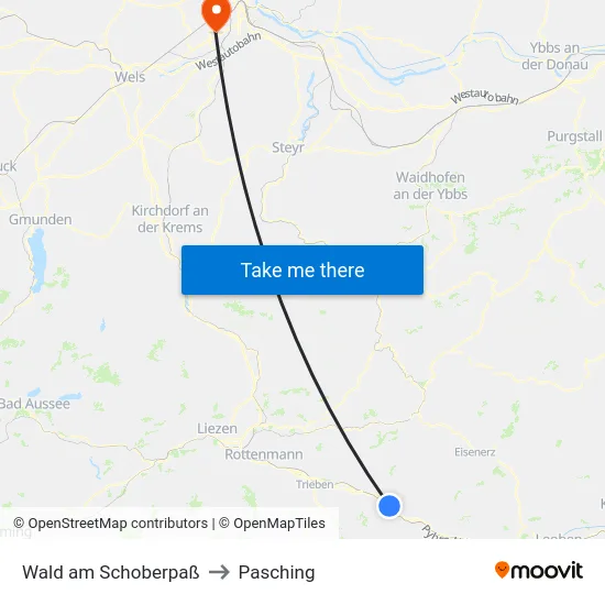 Wald am Schoberpaß to Pasching map