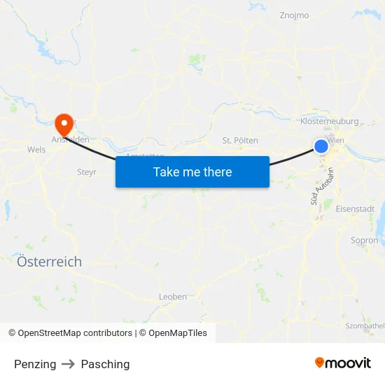 Penzing to Pasching map