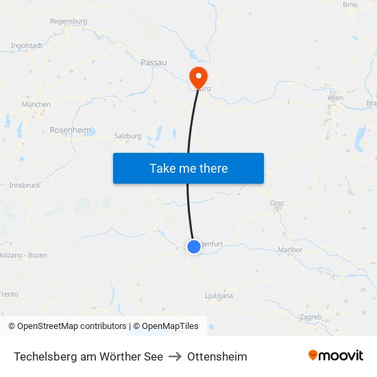Techelsberg am Wörther See to Ottensheim map
