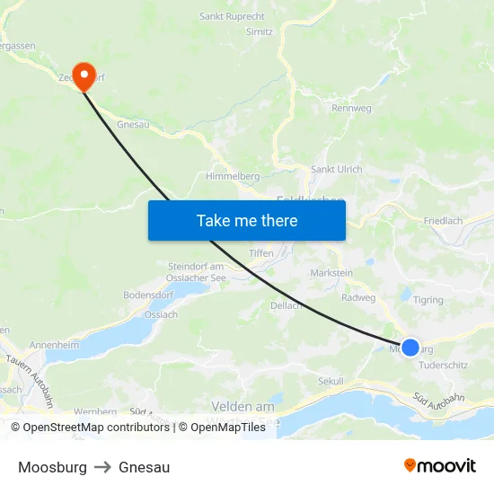 Moosburg to Gnesau map
