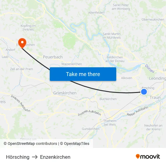 Hörsching to Enzenkirchen map