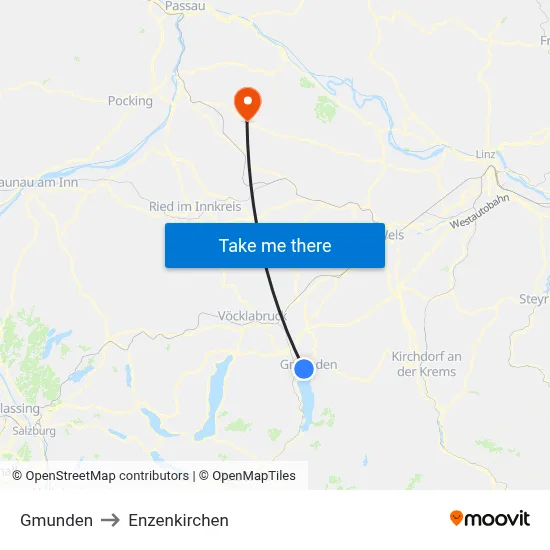Gmunden to Enzenkirchen map