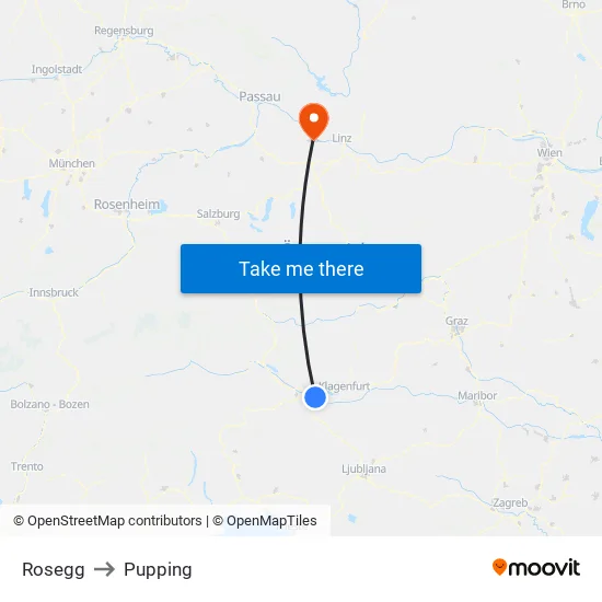 Rosegg to Pupping map