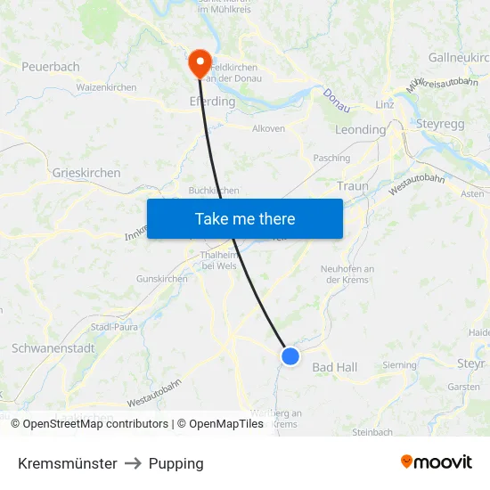 Kremsmünster to Pupping map