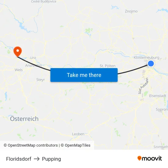 Floridsdorf to Pupping map