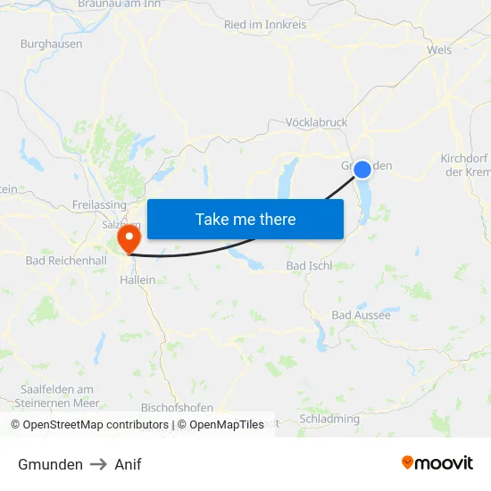 Gmunden to Anif map