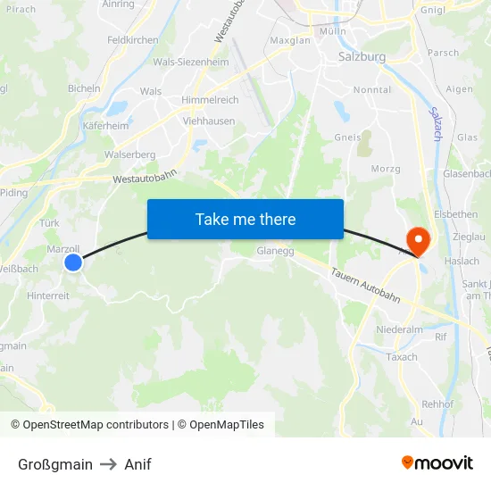 Großgmain to Anif map