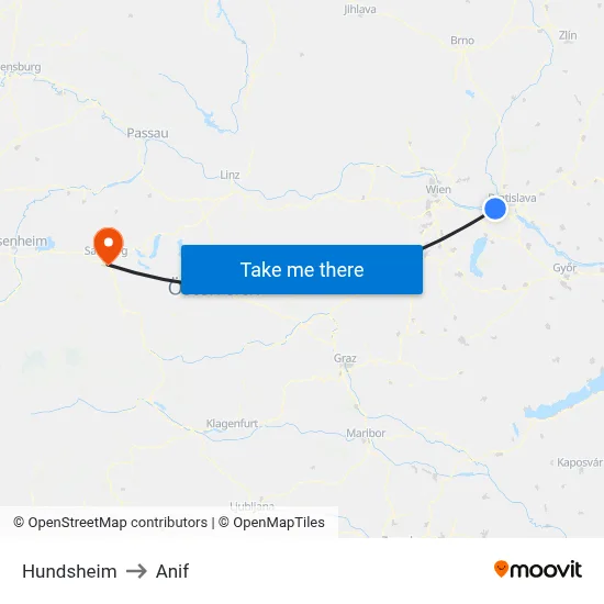 Hundsheim to Anif map