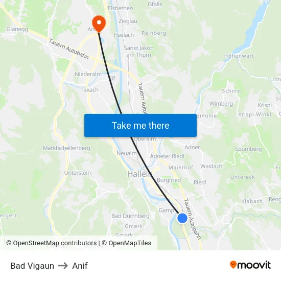Bad Vigaun to Anif map