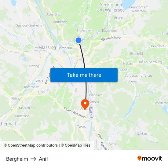 Bergheim to Anif map