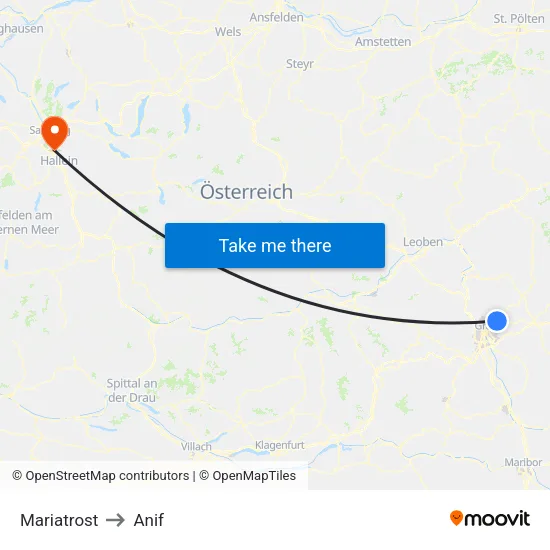 Mariatrost to Anif map