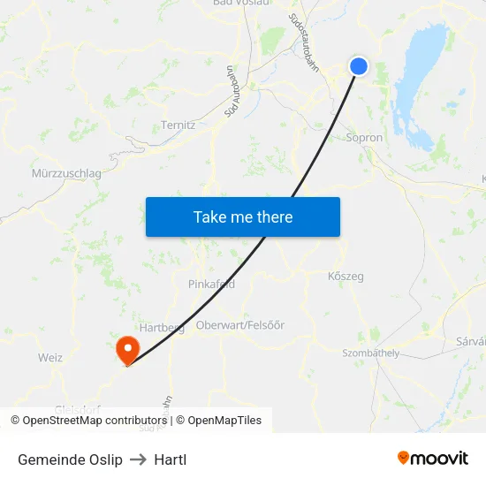 Gemeinde Oslip to Hartl map