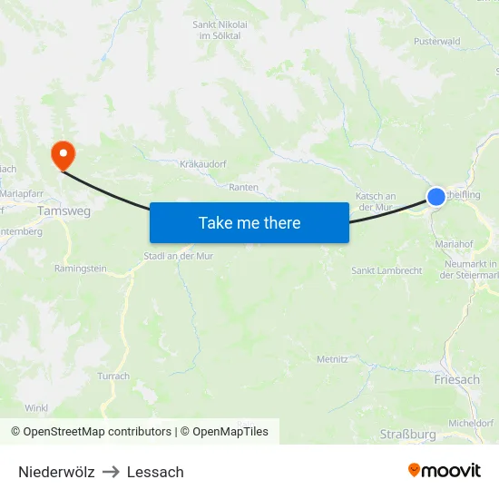 Niederwölz to Lessach map