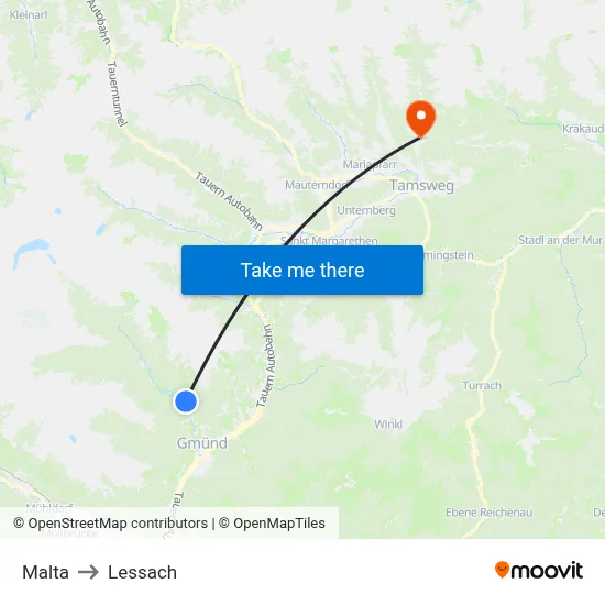 Malta to Lessach map