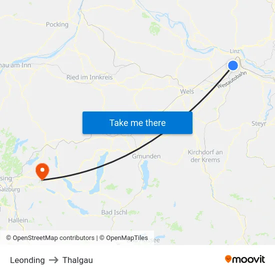 Leonding to Thalgau map