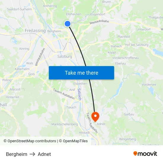 Bergheim to Adnet map
