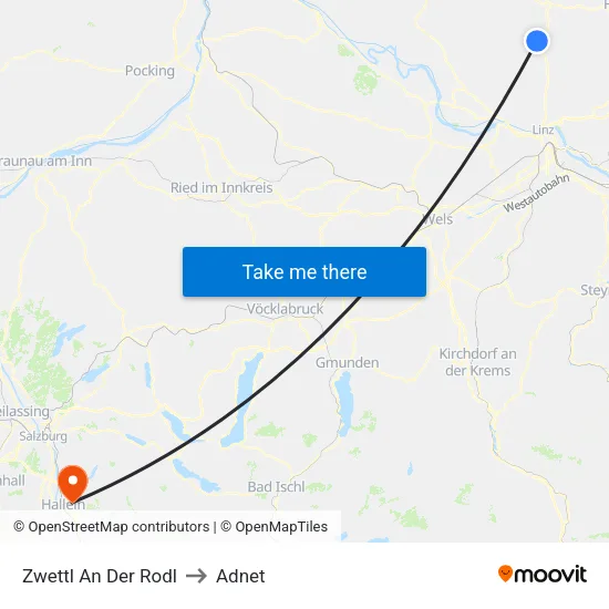 Zwettl An Der Rodl to Adnet map