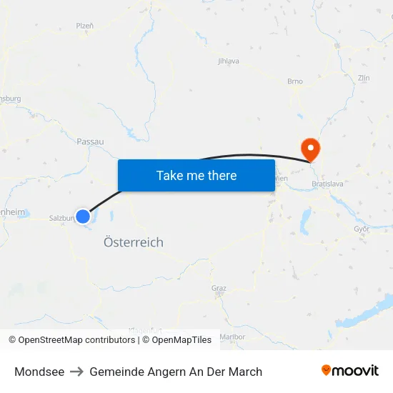 Mondsee to Gemeinde Angern An Der March map