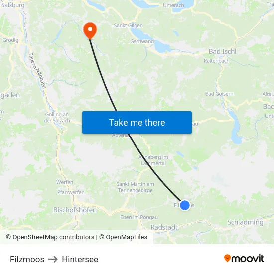 Filzmoos to Hintersee map