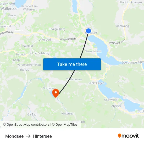 Mondsee to Hintersee map