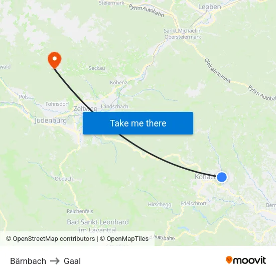 Bärnbach to Gaal map