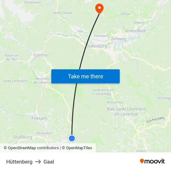Hüttenberg to Gaal map