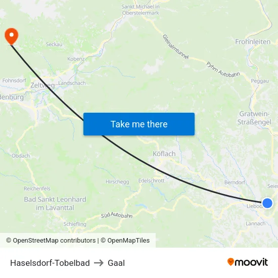 Haselsdorf-Tobelbad to Gaal map