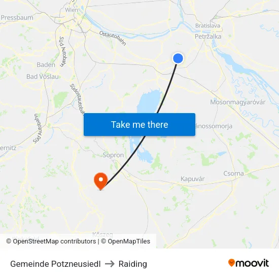 Gemeinde Potzneusiedl to Raiding map