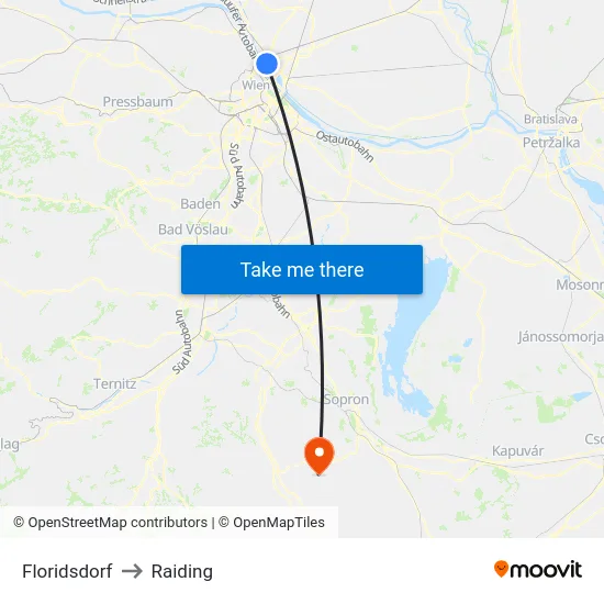 Floridsdorf to Raiding map