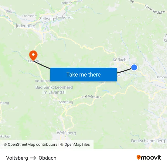 Voitsberg to Obdach map