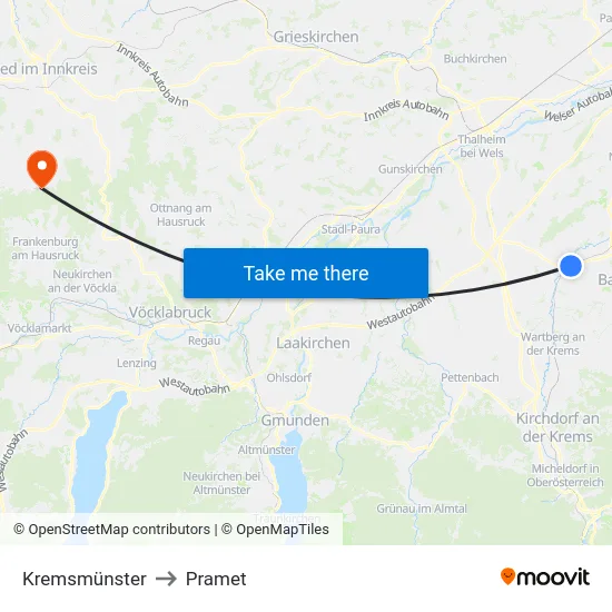 Kremsmünster to Pramet map
