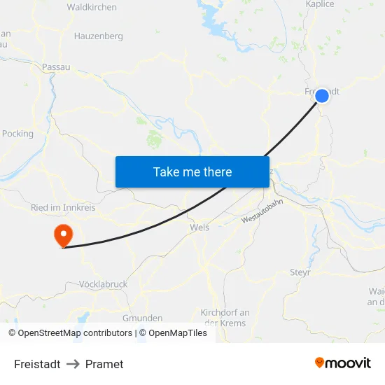 Freistadt to Pramet map