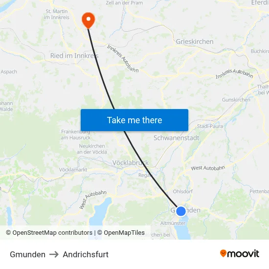 Gmunden to Andrichsfurt map