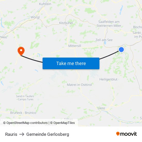 Rauris to Gemeinde Gerlosberg map