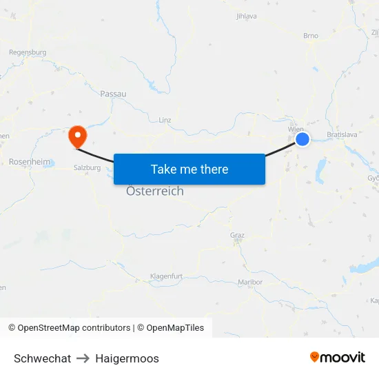 Schwechat to Haigermoos map