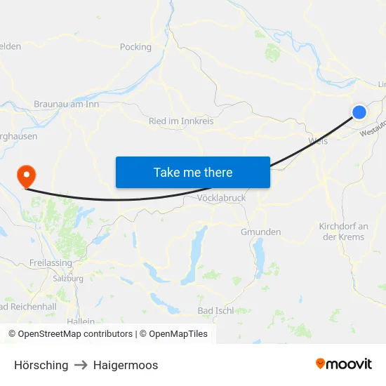Hörsching to Haigermoos map