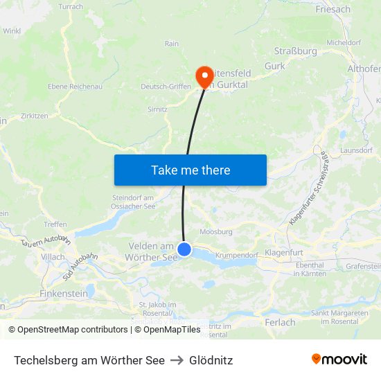 Techelsberg am Wörther See to Glödnitz map