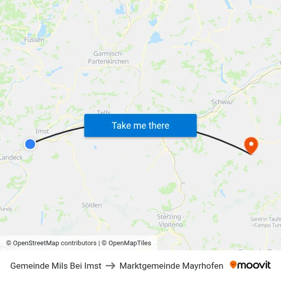 Gemeinde Mils Bei Imst to Marktgemeinde Mayrhofen map