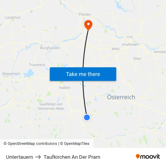 Untertauern to Taufkirchen An Der Pram map