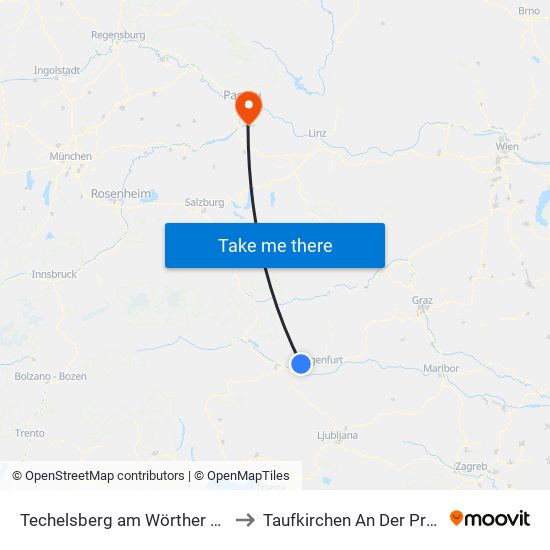 Techelsberg am Wörther See to Taufkirchen An Der Pram map