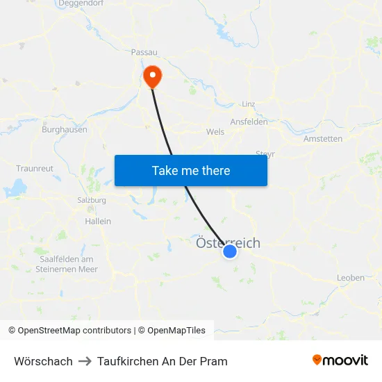 Wörschach to Taufkirchen An Der Pram map