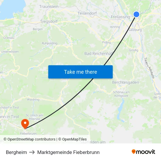 Bergheim to Marktgemeinde Fieberbrunn map