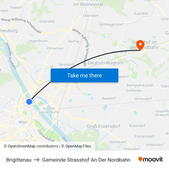 Brigittenau to Gemeinde Strasshof An Der Nordbahn map