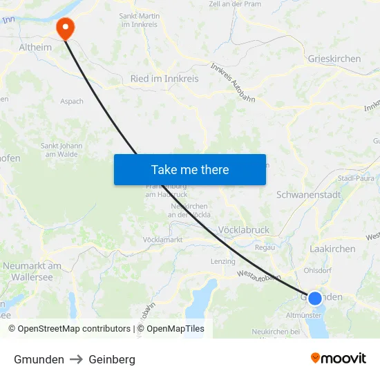 Gmunden to Geinberg map