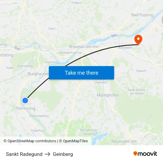 Sankt Radegund to Geinberg map