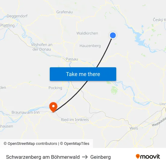 Schwarzenberg am Böhmerwald to Geinberg map
