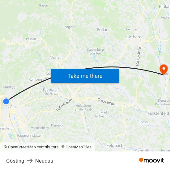 Gösting to Neudau map