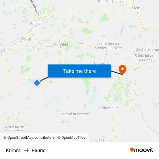 Krimml to Rauris map