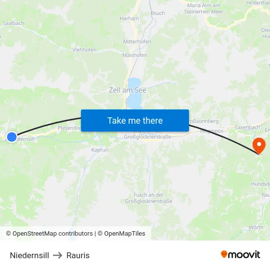 Niedernsill to Rauris map