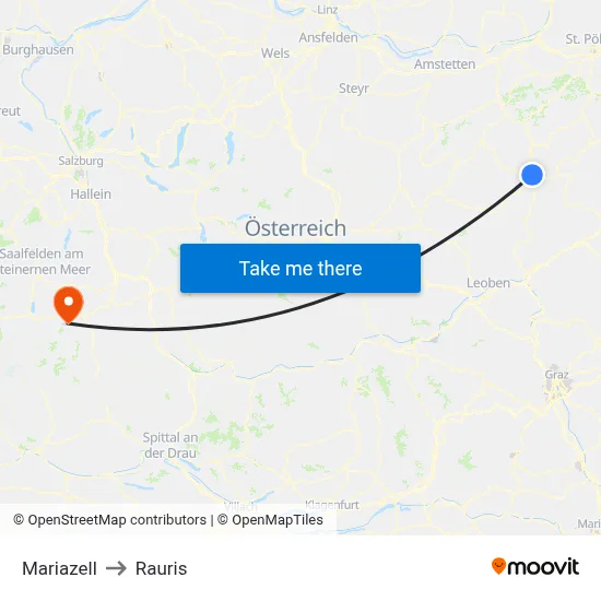 Mariazell to Rauris map